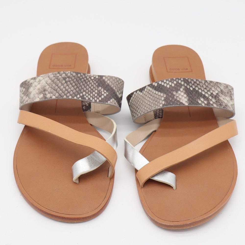 Dolce Vita Sandals Women 8.5 Paddy Tan Silver Snakeskin Strappy Slide Excellent